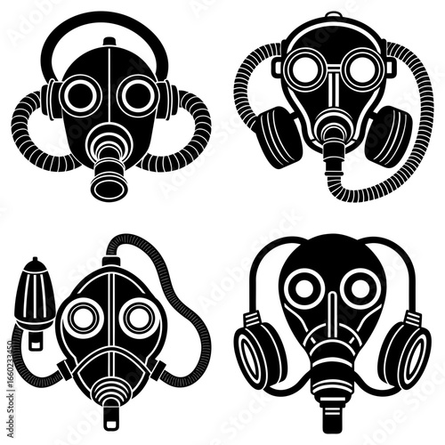 Four different designs of black gas masks with various tubes and filters on a white background displayed