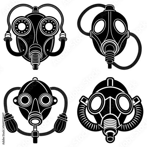 Collection of four stylized gas masks with varying designs and hose attachments in black and white