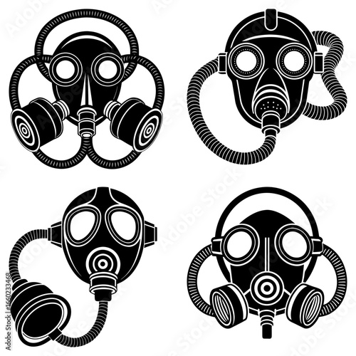 Collection of four black and white gas mask illustrations with varying designs and hose configurations