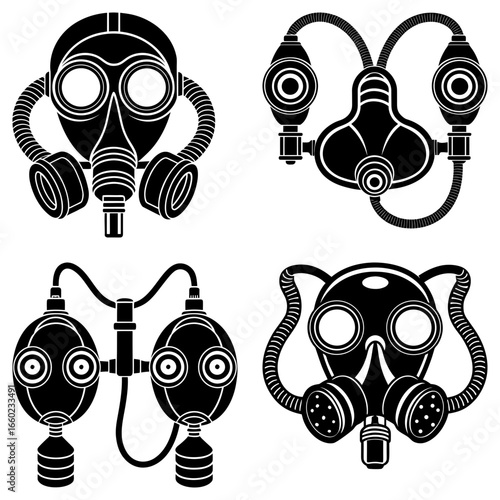 Four different gas masks in black and white showing variations in design and construction details and styles