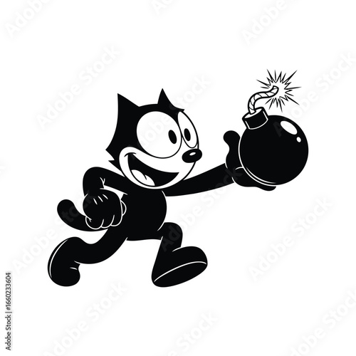 Happy cartoon cat running with lit bomb;  vintage monochrome style; playful, mischievous mood; retro animation design; vector illustration.