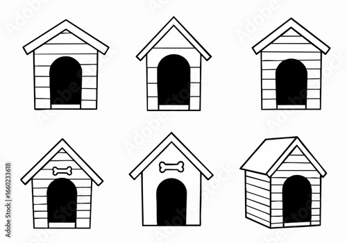 Black and White Dog House Icons Set for Pet Home and Kennel Designs