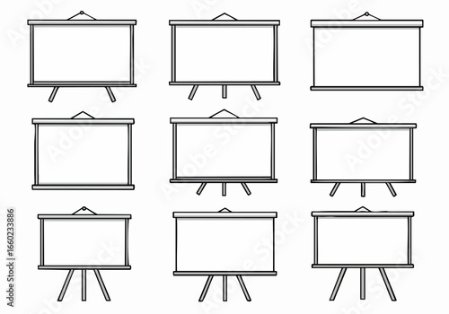 Collection of nine blank projection screens and whiteboards in various styles, featuring tripod stands and hanging options for presentations and content.
