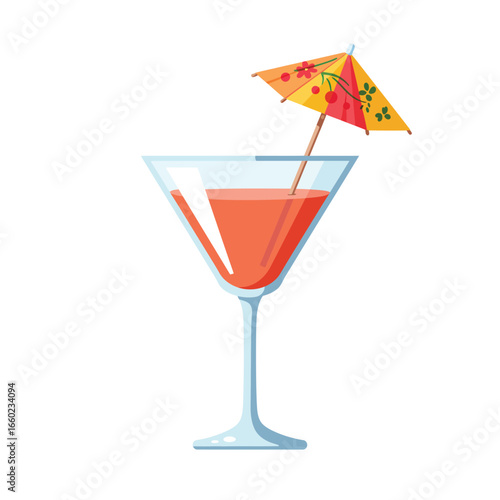 Martini glass with orange cocktail and decorative umbrella