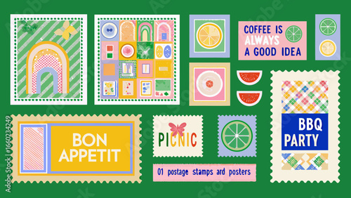 Collection of colorful and playful postage stamps and posters with various designs