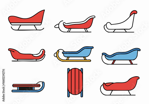 Colorful Sleighs and Sleds Vector Icon Set: A vibrant collection of various winter transportation vehicles in flat design style, perfect for holiday, Christmas, and recreational graphics.