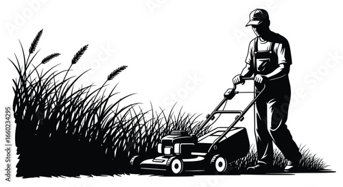 Vector art of silhouette of a farmer plowing a field with an ox, traditional farming method