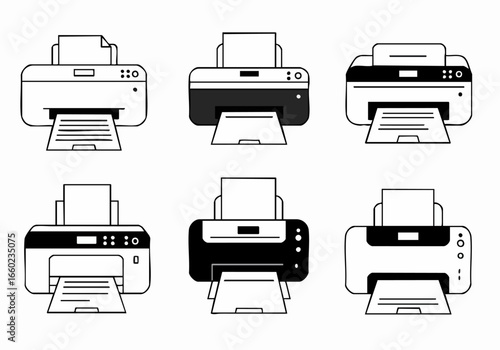 Collection of six monochrome printer icons for office technology, document printing, and digital output concepts.
