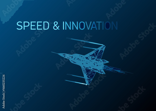 Modern fighter jet with speed and innovation text on dark blue background