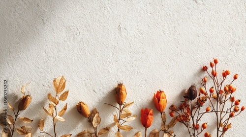 Dried flowers and leaves arranged in a row at the bottom of a textured white background, creating a delicate floral border.