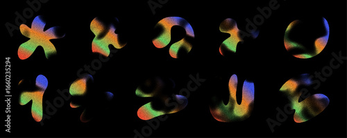 Colorful liquid abstract shapes create a dynamic visual experience with blur and noise effects in varying organic forms.