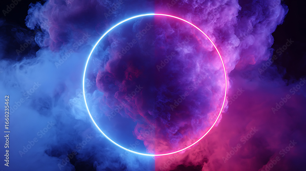 Naklejka premium Vibrant neon oval ring illuminates through swirling blue and pink smoke clouds