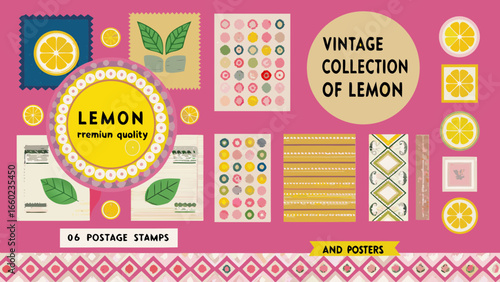 Vintage collection of lemon postage stamps and posters
