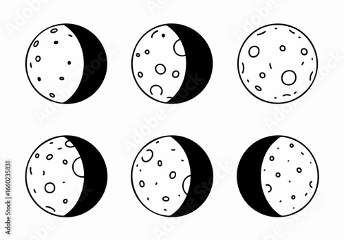 Hand-drawn black and white illustrations of the moon phases, showing its changing appearance in a celestial cycle.