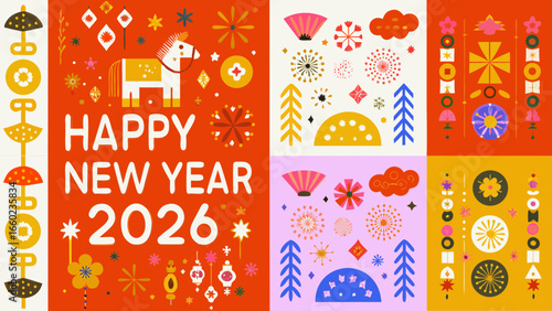Happy new year 2026 festive design with horse and abstract shapes
