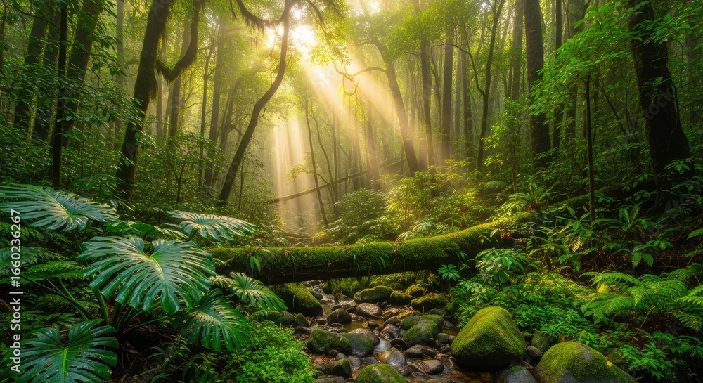 Obraz premium Enchanting sun rays streaming through a dense, lush green tropical forest, illuminating a fallen mossy log and a rocky stream, creating a magical ambiance.