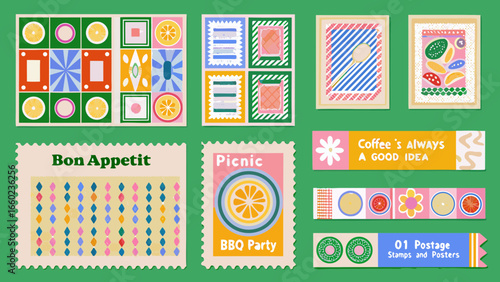 Retro style collection of stamps and posters with abstract shapes and food motifs