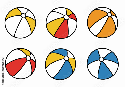 Collection of six colorful striped beach ball illustrations in various designs, perfect for summer, vacation, and recreational themes on a white background.