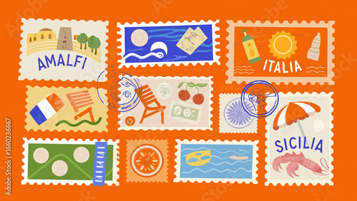 Collection of italian themed postage stamps with vacation and travel illustrations