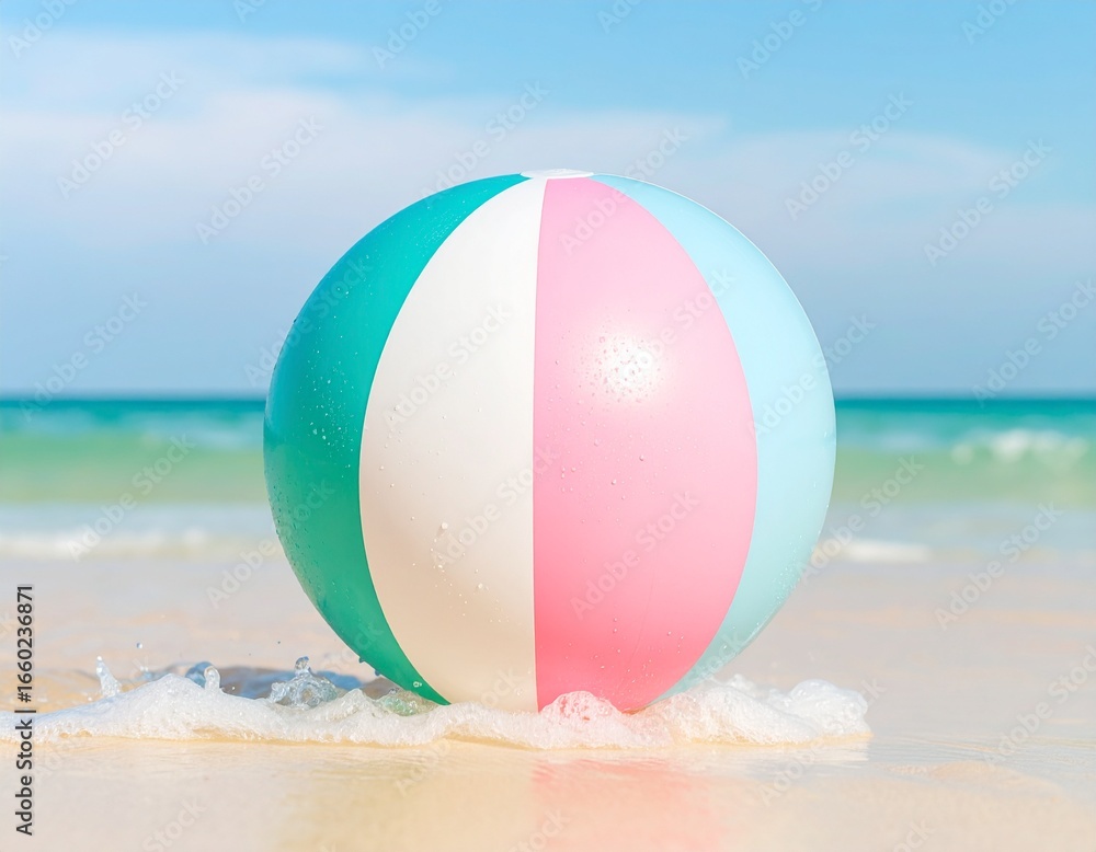 Obraz premium A vibrant beach ball sits at the water's edge, showcasing pastel hues of teal, pink, and white, against a serene, azure sea.