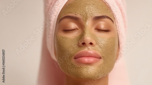 Woman relaxing with facial mask and towel