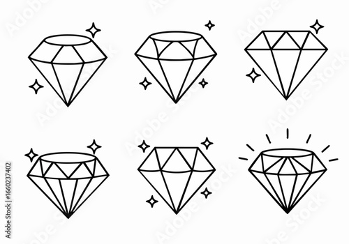 Simple Outline Diamond Icons Set with Sparkle Effects on White Background for Jewelry, Wealth, and Luxury Concepts