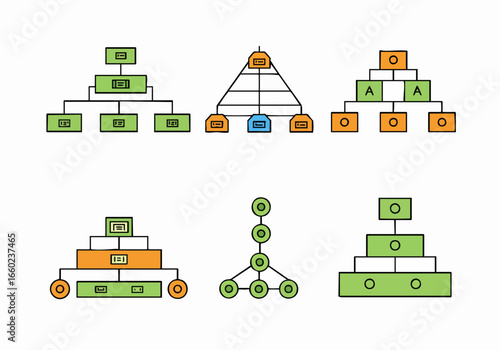 Collection of diverse organizational charts and hierarchical diagrams illustrating business structures, processes, and network connections in a colorful, modern style.