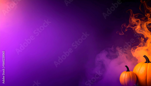 Halloween Background Design Orange Pumpkins with Smoke Effect on a Purple Gradient Backdrop