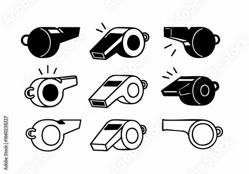Collection of Black and White Whistle Icons for Sports, Coaching, and Warning Signals