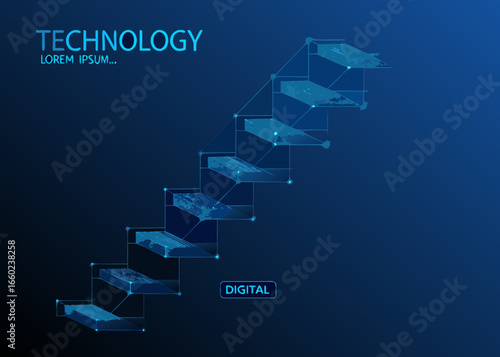 Digital technology staircase with world map elements