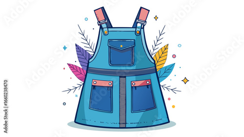 Pinafore dress in denim with adjustable straps and front patch pockets .white background, 