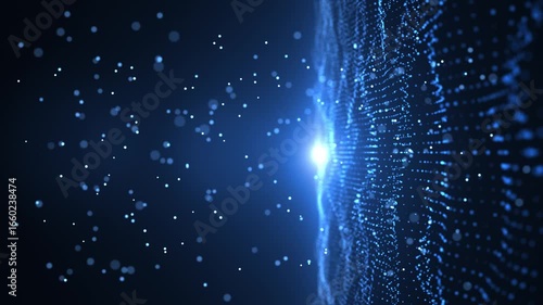 Abstract futuristic digital wave background with shiny particles, slow moving glowing particles on blue background, wave energy data flow, cyber technology, seamless loop animation 4K