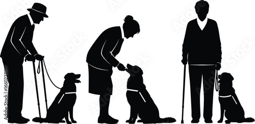 Silhouettes of Elderly People Walking with Guide Dogs Vector Illustration for Service Animal Training, Visual Impairment Assistance, Support, Companionship, and Accessibility Awareness
