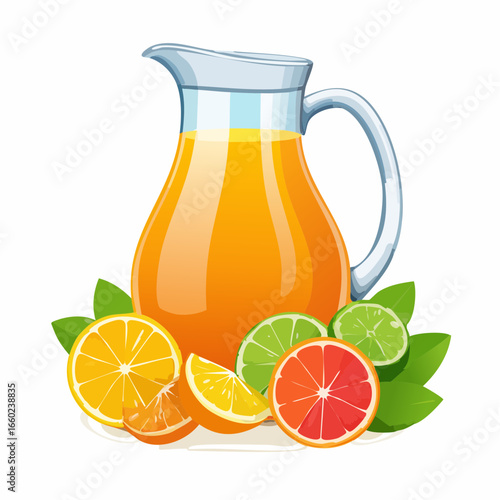 Glass Pitcher of Citrus Juice with Slices and Leaves