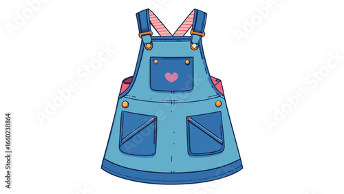 Pinafore dress in denim with adjustable straps and front patch pockets .white background, 