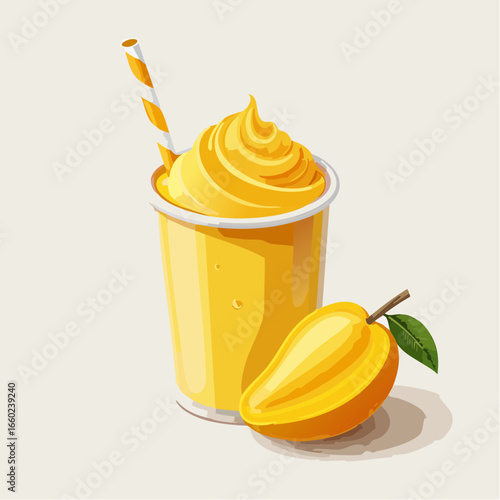 Yellow Mango Smoothie in Cup with Whipped Cream and Fresh Mango