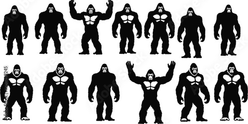 PrintGorilla silhouette poses collection for animation, game characters, ape evolution vector set, muscular beast illustrations for concept design