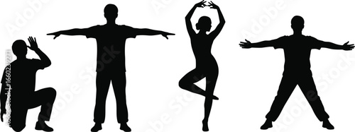 Silhouettes of People in Various Dance and Fitness Poses Vector Illustration for Exercise, Performance, Art, Health, Wellness, and Creative Design Projects