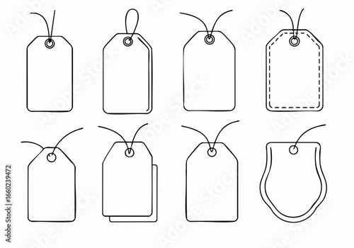 Hand-drawn outline vector set of blank price tags and gift labels with string loops, featuring various shapes for sale and discount on white background.