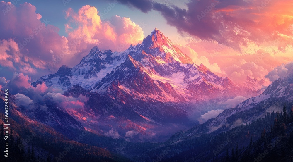Obraz premium Majestic mountain peak bathed in vibrant sunset hues (1)