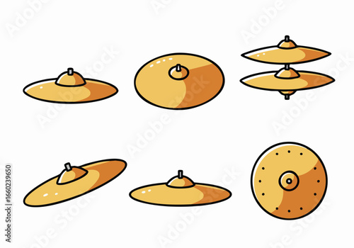Cartoon Cymbals Set: Various Styles of Percussion Instrument Icons for Music, Drumming, and Sound-Themed Designs on White Background.