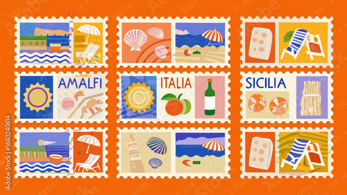 Collection of italian travel stamps featuring beaches and landmarks