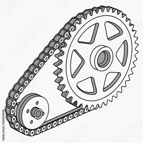 Close up of a bicycle chain and sprocket system with a smaller cog and a larger gear wheel