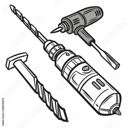 Collection of assorted drill bits and a cordless power drill with a chisel attachment