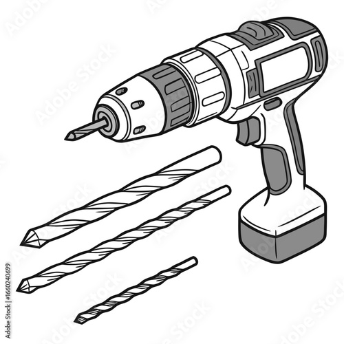 Cordless power drill with three assorted drill bits displayed on a white background
