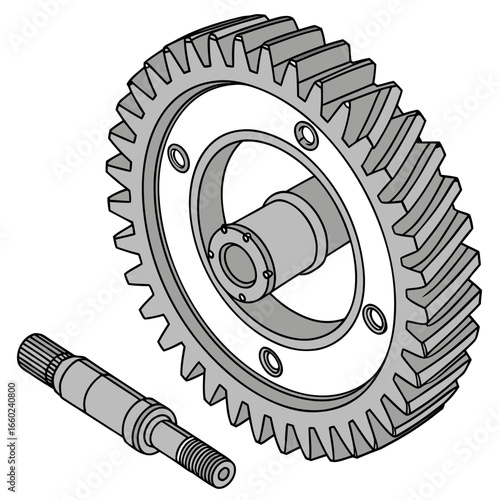 Detailed illustration of a metal spur gear with a shaft and splined end on a white background