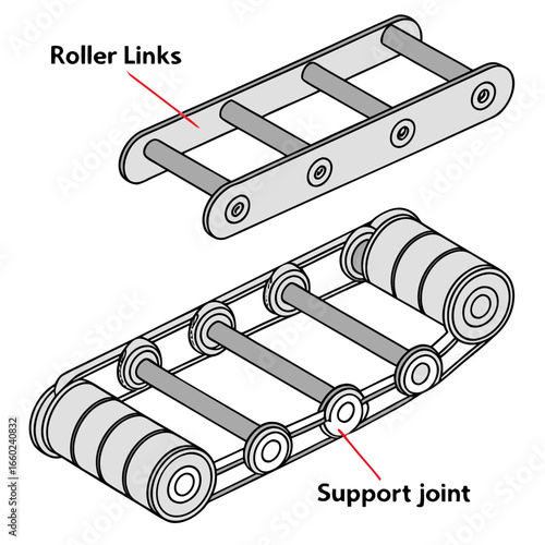 Detailed illustration of industrial roller chain links and support joint components for mechanical systems