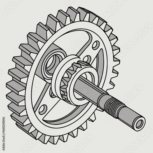 Detailed isometric illustration of a bicycle crankset with chainring and pedals on a light gray background