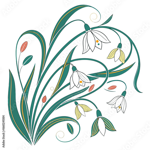 Elegant art nouveau illustration of delicate snowdrop flowers with flowing green leaves and subtle gold accents
