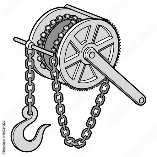 Illustration of a manual chain hoist with a hook and crank handle for lifting heavy loads
